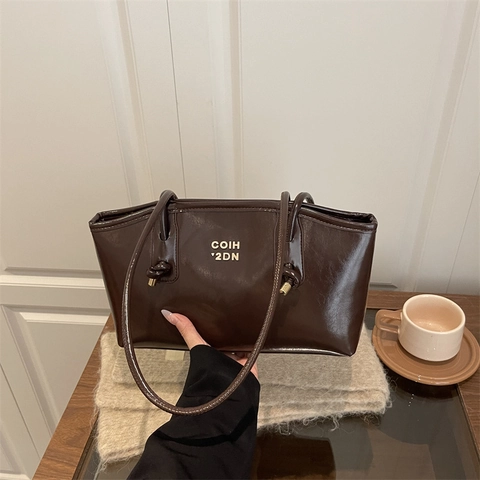 Bolso Tote de Cuero PU Brillante Minimalista de Gran Capacidad para Mujer Moda Conmutar Bolso de Hombro Oficina Versátil Bolso de Mano Con Decoración de Letras