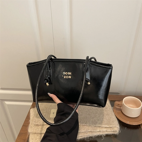 Bolso Tote de Cuero PU Brillante Minimalista de Gran Capacidad para Mujer Moda Conmutar Bolso de Hombro Oficina Versátil Bolso de Mano Con Decoración de Letras