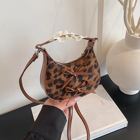 Bolso de Hombro Mini Estilo Coreano con Estampado de Leopardo y Cuadros para Mujer Dulce Bolso de Medialuna con Lazo y Asa de Encaje Bolso de Axila