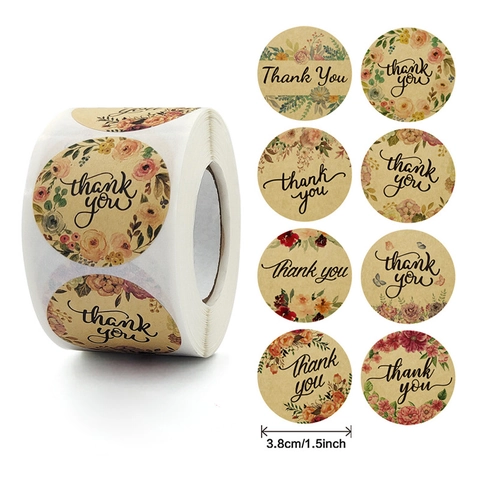 Floral Kraft Paper Thank You Stickers Round Decorative Labels For Gift Wrapping Envelope Seal Wedding Party Favor Stationery