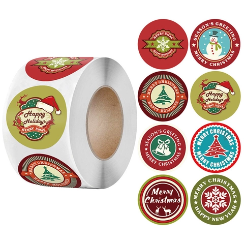 Merry Christmas Round Decorative Stickers For Gift Wrapping Snowflake Snowman Santa Hat Festive Sealing Labels Roll Stationery