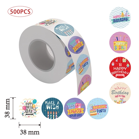Round Happy Birthday Sticker Labels Copperplate Adhesive Paper For Gift Wrapping Party Decoration Multi Pattern Designs