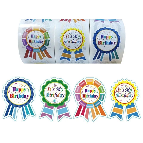 Happy Birthday Sticker Labels Colorful Medal Badge Shaped Adhesive Decals For Birthday Party Favor Gift Wrap Decoration