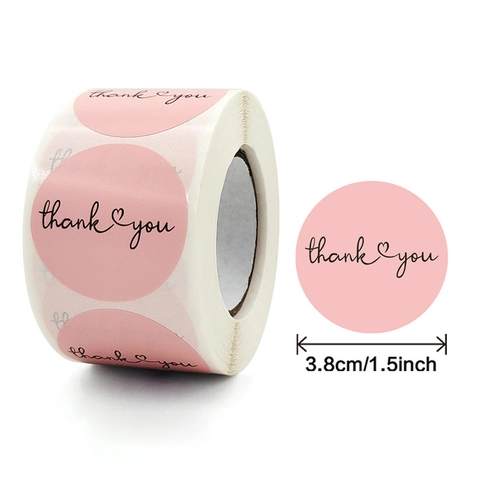 Pink Thank You Stickers Roll Round Adhesive Labels With Heart Design For Gift Boxes Envelopes Baking Packaging Wedding Party Decor