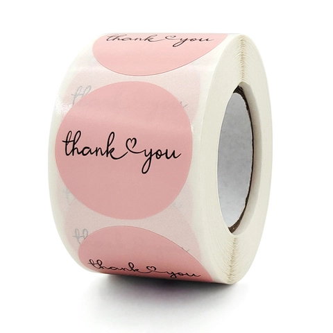 Pink Thank You Stickers Roll Round Adhesive Labels With Heart Design For Gift Boxes Envelopes Baking Packaging Wedding Party Decor