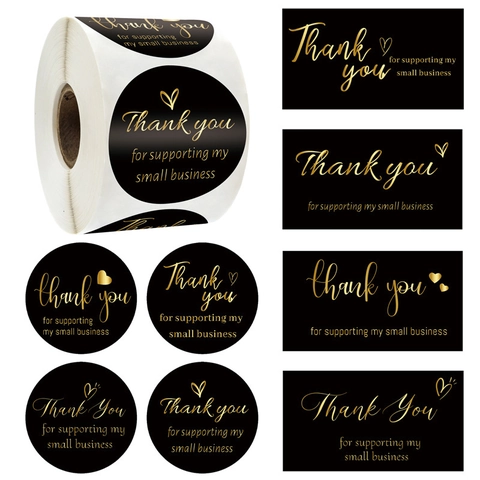 Black Gold Foil Thank You Cards Stickers Heart Pattern Small Business Packaging Seal Labels Appreciation Gift Decor