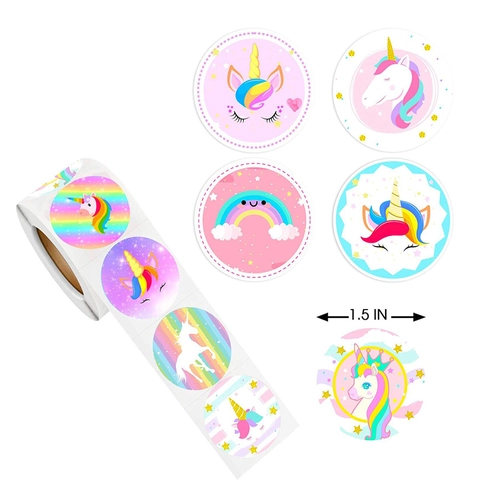Round Unicorn Rainbow Stickers Cartoon Macaron Style Self Adhesive Paper Decals For Party Baking DIY Decoration Kids Gift