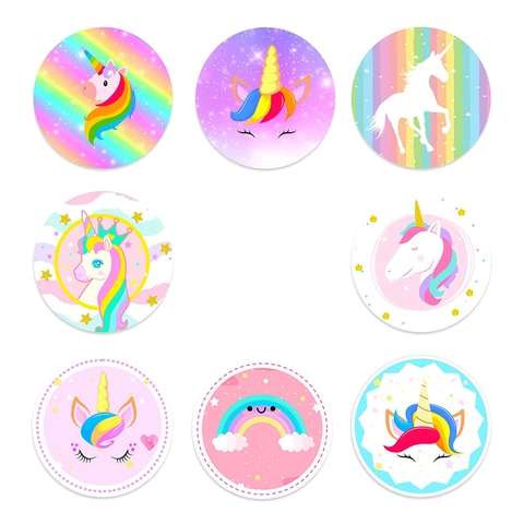 Round Unicorn Rainbow Stickers Cartoon Macaron Style Self Adhesive Paper Decals For Party Baking DIY Decoration Kids Gift