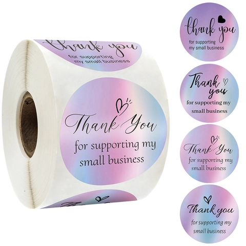 Holographic Thank You For Supporting My Small Business Stickers And Cards Set Laser Gradient Hearts Packaging Labels