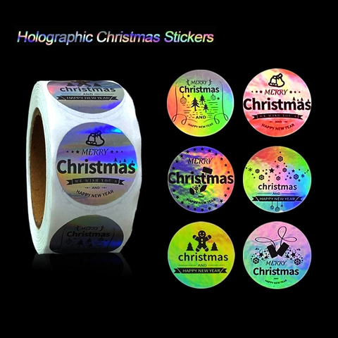 Holographic Merry Christmas Stickers Roll Laser Gold Foil Round Gift Label Sealing Tags For Holiday Party Decor