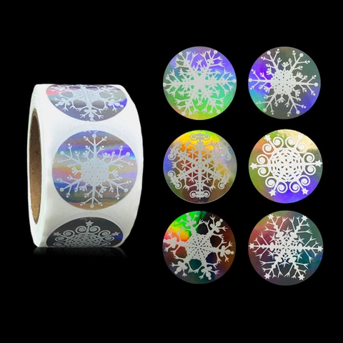 Holographic Christmas Snowflake Stickers Round Seal Labels Roll For Holiday Gift Box Decoration Scrapbooking Party Favors