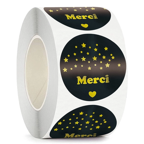 Round Gold Foil Merci Thank You Stickers Black Self Adhesive Gift Sealing Label Stickers For Wedding Party Bakery Packaging