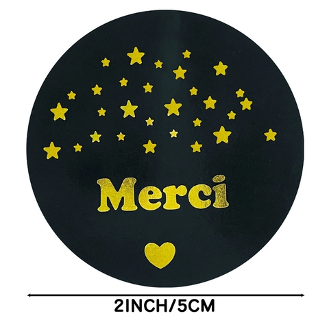 Round Gold Foil Merci Thank You Stickers Black Self Adhesive Gift Sealing Label Stickers For Wedding Party Bakery Packaging