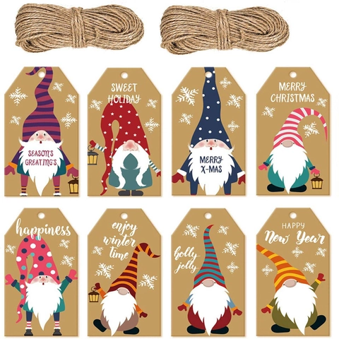 Christmas Kraft Paper Gift Tags With Jute Rope Gnome Snowflake Pattern Merry Christmas Label For Holiday Gift Wrapping Decoration