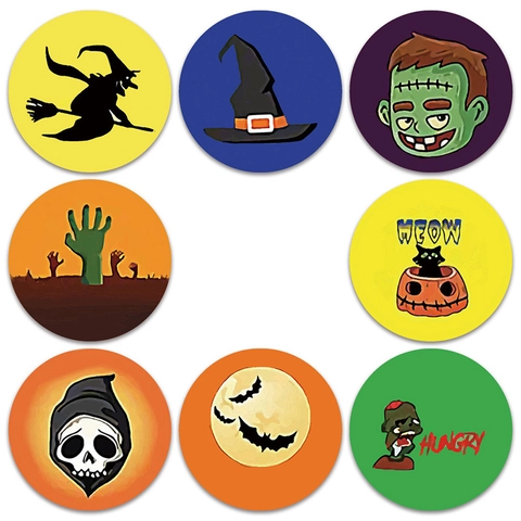 Rouleau d'Autocollants Ronds Halloween Dessin Animé Sorcière Crâne Citrouille Chauve-Souris pour Scellage d'Enveloppes Décoration