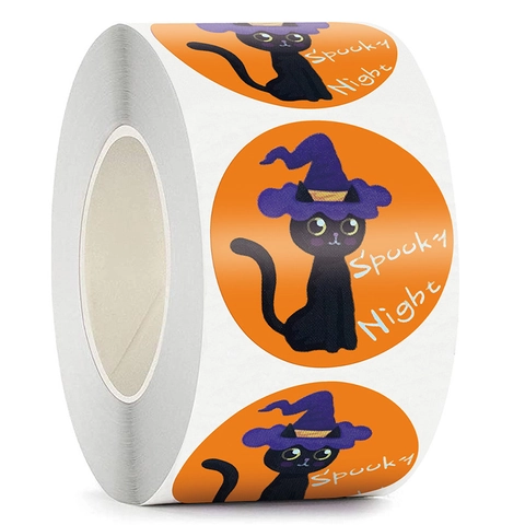 Adesivi di Halloween Spooky Night Gatto Nero Cappello da Strega Tondi Carta Adesiva Patinata Etichette Decorative per Confezioni Regalo