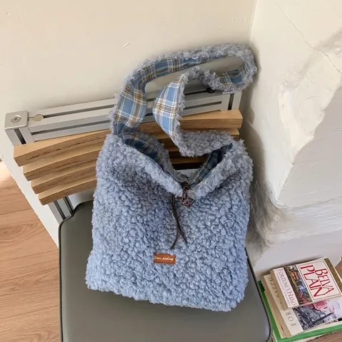 Sac Fourre-tout en Peluche Sherpa pour Femmes Grande Capacité Sac à Épaule Avec Doublure Vichy Cordon Sac à Main Hiver Décontracté