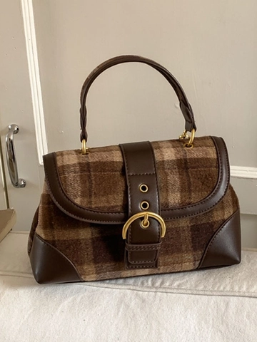 Sac à Main Vintage Plaid Femmes Style Britannique Tweed Cuir PU Sac à Épaule Boucle Métal Or Bandoulière Réglable Sacoche