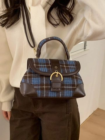 Sac à Main Vintage Plaid Femmes Style Britannique Tweed Cuir PU Sac à Épaule Boucle Métal Or Bandoulière Réglable Sacoche