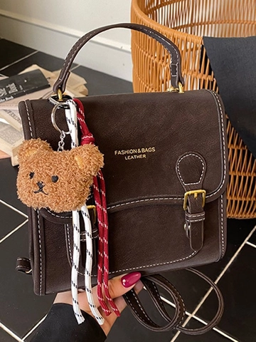 Vintage PU Leather Fashion Backpack For Women Solid Color With Plush Bear Pendant Retro Style School Travel Shoulder Handbag