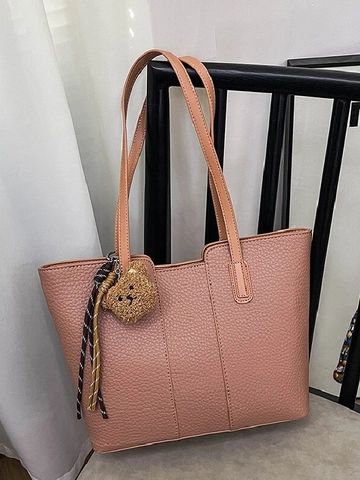 Bolso Tote de Gran Capacidad para Mujer en Cuero PU Grano de Lichi y Colgante de Oso Bolso de Hombro Elegante Diario