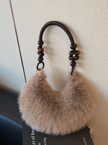 Bolso de Axila de Piel Sintética de Felpa para Mujer Media Luna Hobo Con Cuentas de Madera Otoño Invierno Gran Capacidad Moda