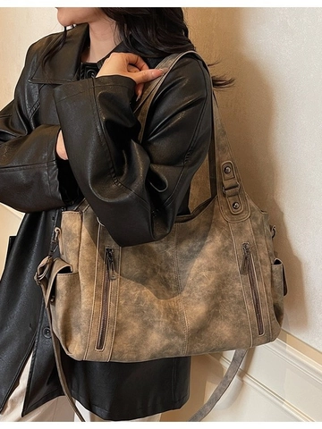 Borsa Tote Grande in Pelle PU Vintage Distressed Per Donna Borsa a Tracolla Retrò Multitasche Borsa a Mano Grande Capacità