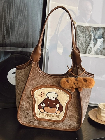 Bolso Tote de Cuero PU para Mujer Gran Capacidad Lindo Parche de Perro de Dibujos Animados Bolso de Hombro Elegante Bolso de Mano de Oficina Con Colgante