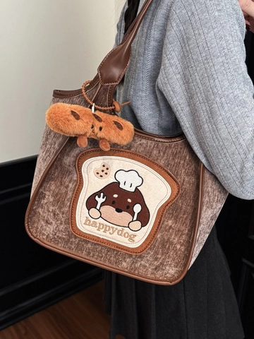 Bolso Tote de Cuero PU para Mujer Gran Capacidad Lindo Parche de Perro de Dibujos Animados Bolso de Hombro Elegante Bolso de Mano de Oficina Con Colgante