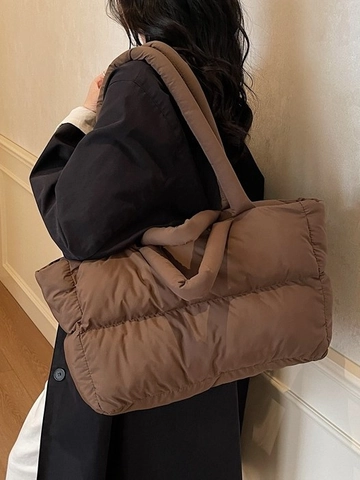 Women Quilted Puffer Tote Bag Large Capacity Padded Shoulder Bag Soft Nylon Handbag For Travel Commute Solid Color Fashion Bag