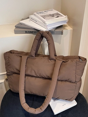 Women Quilted Puffer Tote Bag Large Capacity Padded Shoulder Bag Soft Nylon Handbag For Travel Commute Solid Color Fashion Bag