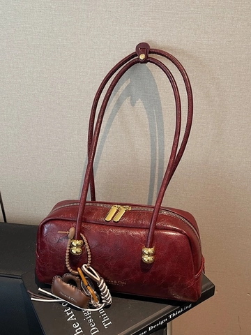 Bolso Boston de Cuero PU Vintage de Gama Alta Para Mujer Bolso de Hombro Retro de Gran Capacidad Con Doble Cremallera Y Colgante Bolso de Mano de Moda