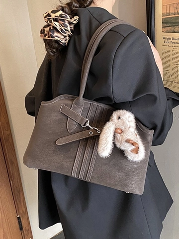 Damen Vintage Mattierte PU Leder Tragetasche Große Kapazität Achseltasche Schultertasche Mit Plüsch Hasen Anhänger Mode Handtasche