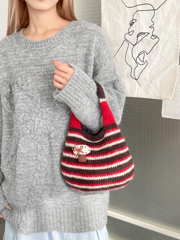 Vintage Handmade Knit Striped Handbag For Women Crochet Bucket Bag With Mushroom Charm Casual Versatile Cloth Tote Bag