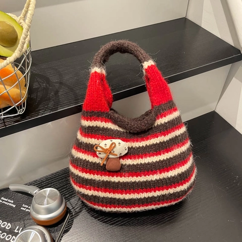 Women's Striped Knit Tote Bag With Mushroom Charm Vintage Contrast Color Hand-Woven Handbag Casual Soft Shoulder Bag