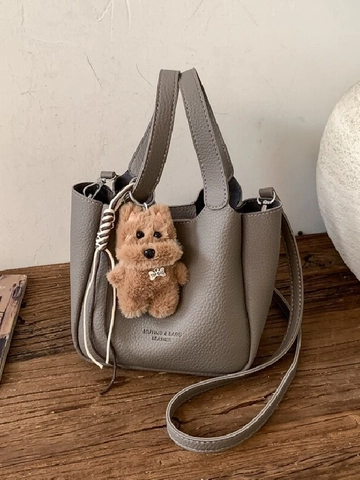 Women Retro Pebbled PU Leather Bucket Bag Minimalist Shoulder Handbag With Detachable Strap And Cute Plush Animal Pendant