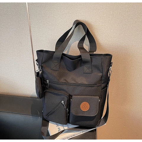 Women's Large Capacity Multi-Pocket Nylon Canvas Tote Bag Casual Crossbody Shoulder Bag With Small Coin Purse Pendant For Students Work Travel