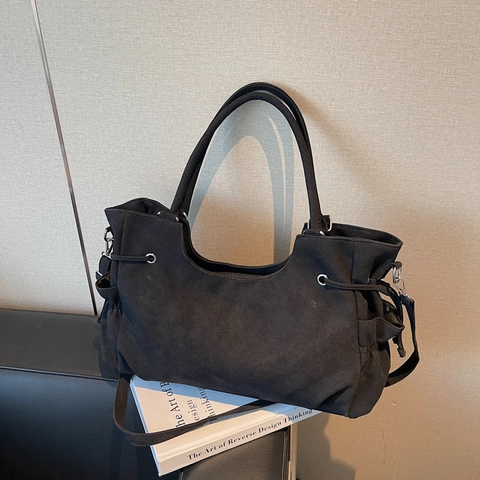 Borsa Tote da Donna in Stile Coreano Minimalista di Grande Capacità Borsa a Mano in PU Scamosciato Opaco Con Coulisse Laterale e Tracolla Regolabile