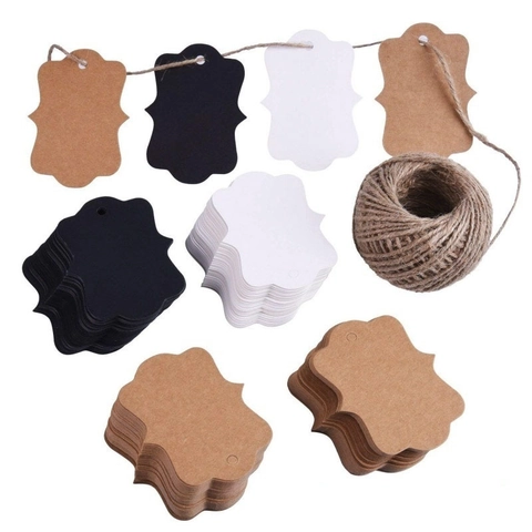 Scalloped Kraft Paper Gift Tags With Jute Rope For Valentine's Day Wedding Party DIY Crafts Blank Labels Black White Brown