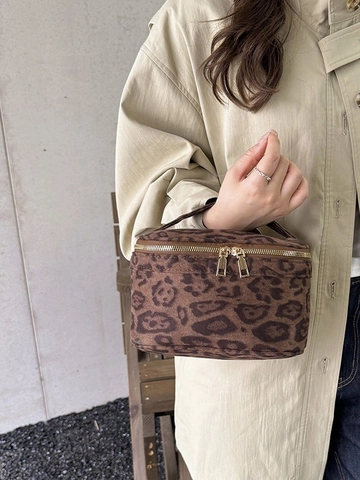 Neceser de Gamuza con Estampado de Leopardo Bolso de Mano Portátil Organizador de Estuche de Tocador Mujer Caja Cuadrada Pequeña Bolsa de Lavado de Viaje