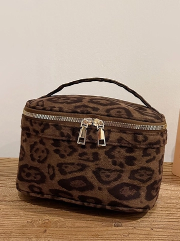 Neceser de Gamuza con Estampado de Leopardo Bolso de Mano Portátil Organizador de Estuche de Tocador Mujer Caja Cuadrada Pequeña Bolsa de Lavado de Viaje