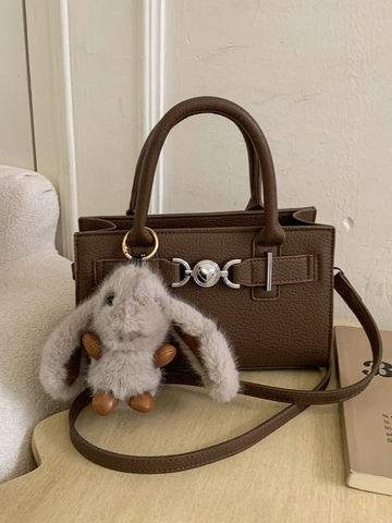 Vintage PU Leather Crossbody Bag For Women Small Square Handbag With Heart Buckle Rabbit Charm Retro Litchi Pattern Bag