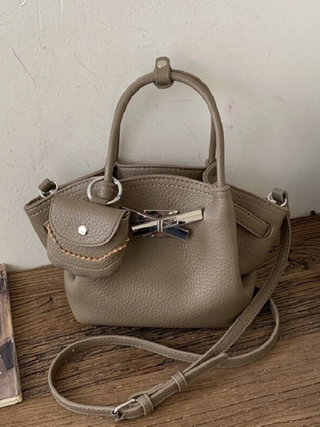 Petit Sac Seau en Cuir PU Motif Litchi Vintage pour Femmes Avec Mini Pochette Fermoir Noeud Argenté Sac Bandoulière