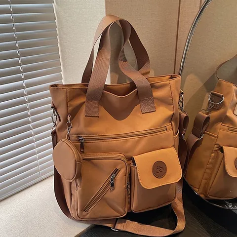 Women's Large Capacity Multi-Pocket Nylon Canvas Tote Bag Casual Crossbody Shoulder Bag With Small Coin Purse Pendant For Students Work Travel