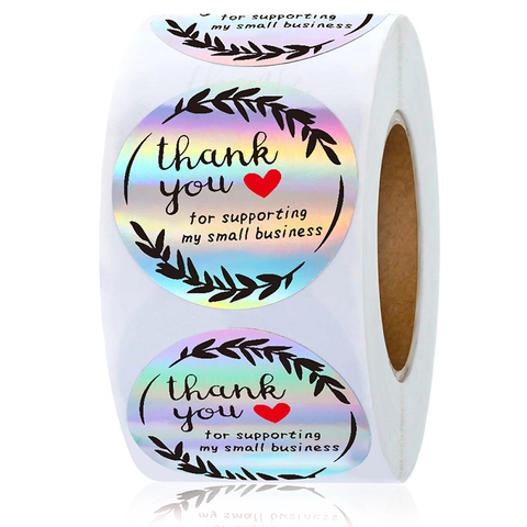 Adesivi Olografici Thank You For Supporting My Small Business Tondi Etichette Cuore Ghirlanda per Confezioni Regalo