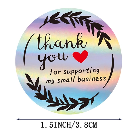 Adesivi Olografici Thank You For Supporting My Small Business Tondi Etichette Cuore Ghirlanda per Confezioni Regalo