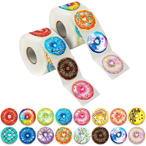 Autocollants Thème Donut Colorés Auto-Adhésifs Ronds Dessin Animé Décoration de Boulangerie Étiquettes pour Scellage de Boîte Cadeau Enveloppe