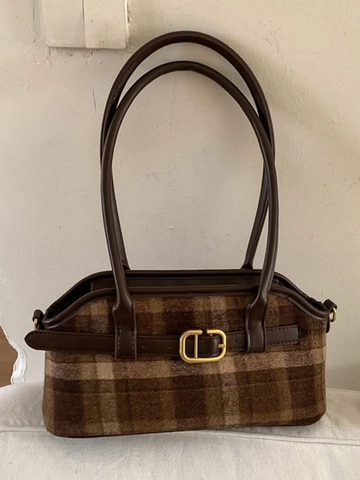 Borsa a Spalla da Donna Vintage a Quadretti in Tweed Grande Capacità Sottobraccio in Pelle PU Borsa Tote Pendolare Con Fibbia