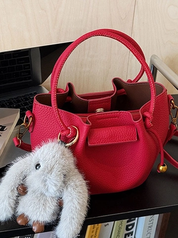 Borsa a Secchiello da Donna in Pelle PU con Motivo Litchi Borsa a Tracolla Vintage con Ciondolo a Coniglio in Peluche