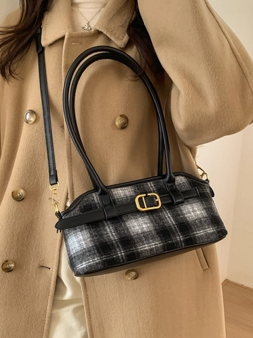 Borsa a Spalla da Donna Vintage a Quadretti in Tweed Grande Capacità Sottobraccio in Pelle PU Borsa Tote Pendolare Con Fibbia